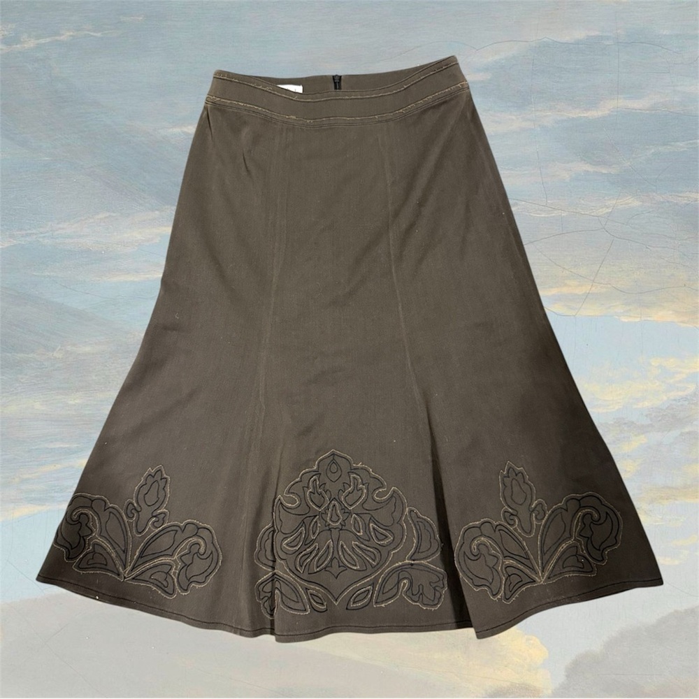 CAbi Olive Brown A-Line Skirt with Tonal Floral Embroidered Hem size 4